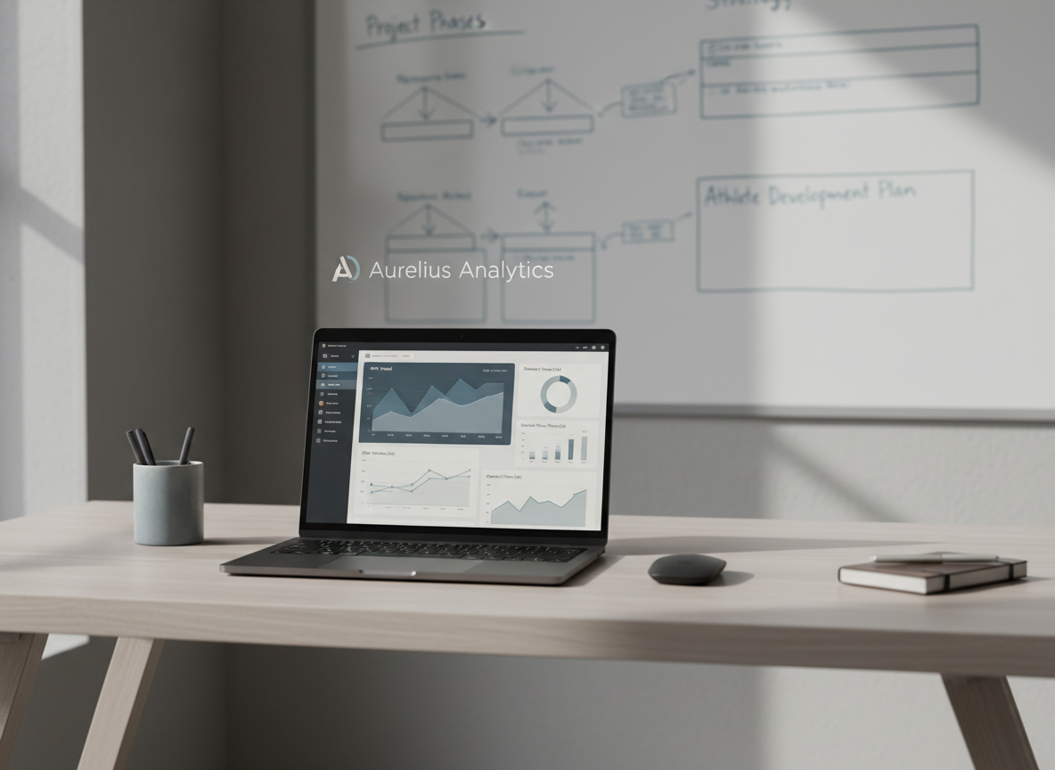 An elegant, minimalist workspace featuring a matte charcoal laptop with a subtle metallic logo, open to a sophisticated data dashboard of academic and sports performance charts. The laptop rests on a pale ash-wood desk with clean lines and a soft satin finish. In the background, a blurred wall-mounted whiteboard displays neatly arranged strategy diagrams and timelines in muted blues and grays. Soft, diffused daylight from an unseen window creates gentle gradients across the surfaces, casting refined, understated shadows. Captured at an eye-level angle with a slight diagonal composition and shallow depth of field, the image exudes calm focus, strategic thinking, and high-end professional consulting in a photographic realism style with a muted, refined palette.