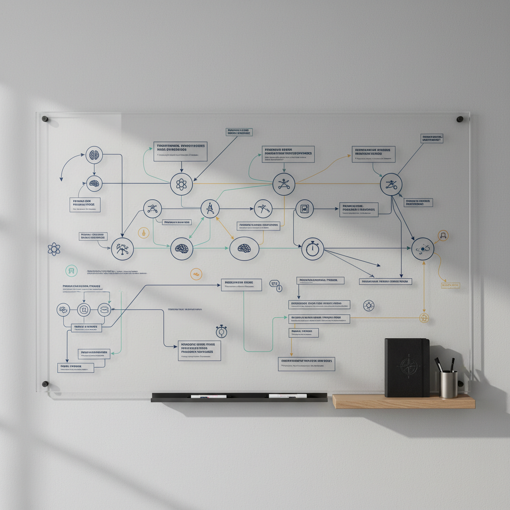 A large, refined glass board mounted on a smooth, dove-gray wall, meticulously filled with interconnected diagrams of academic subjects and sports training cycles, drawn in muted navy and slate tones. Color-coded arrows and minimal icons connect goals, milestones, and evaluation points in a clear, elegant structure. A sleek graphite marker tray and a single closed leather-bound notebook rest on a nearby floating shelf. Soft studio lighting from above and the side creates subtle reflections on the glass and delicate shadows on the wall. Shot straight-on for a balanced, symmetrical composition with sharp focus throughout, the image conveys precision, structure, and elite performance planning in a calm, sophisticated atmosphere and minimalist photographic style.
